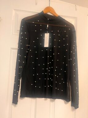 Black Pearl-Accent Sheer/mesh Long-Sleeve top 2XL